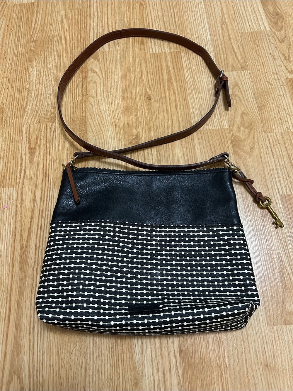 Fossil Black and White Patterned Crossbody with Brown Strap